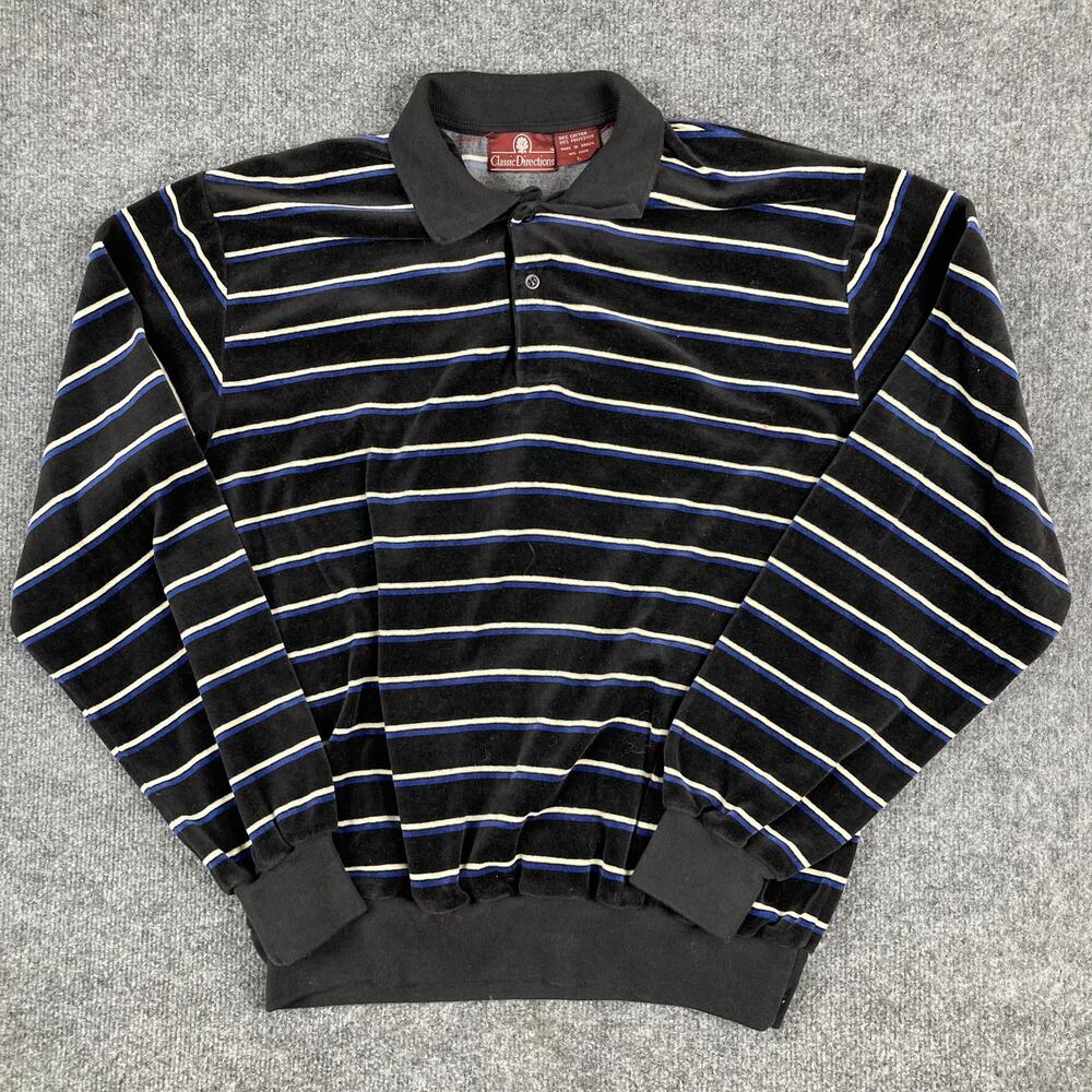 Classic Directions Polo Womens L Black Stripe Long Sleeve Retro Velour Vintage